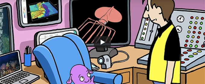 cartoon still with boy and octopus in office