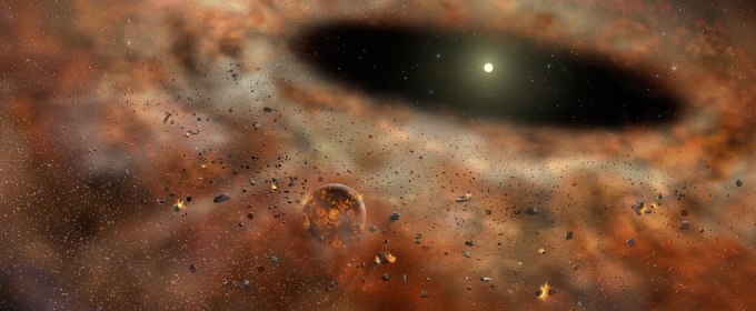 artists rendering of dusty star system, with colors, space, and bright stars