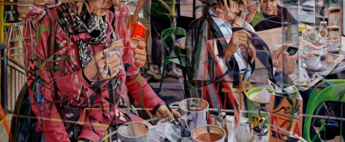 cubist painting collage with people and coffee cups