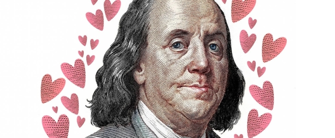 graphic of Benjamin Franklin, surrounded by hearts