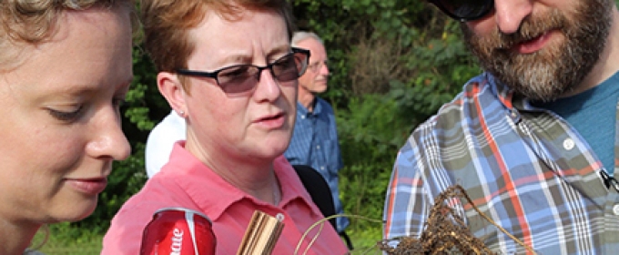 photo of two women and man looking at peanut plant