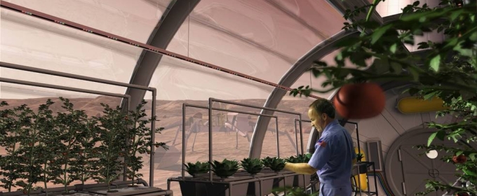 CGI rendering with figure and plants in greenhouse
