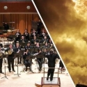 split photo with musical group on left, moon and clouds on right